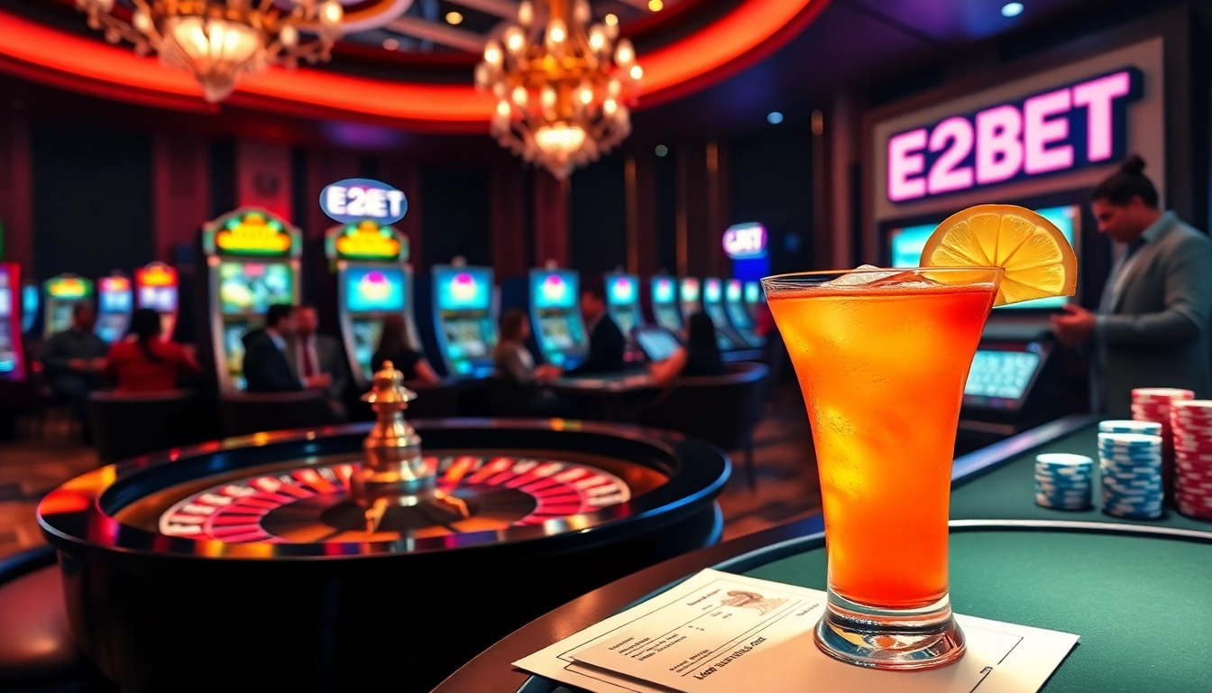 E2BET online betting scene with gamblers at a roulette table and vibrant casino ambiance.