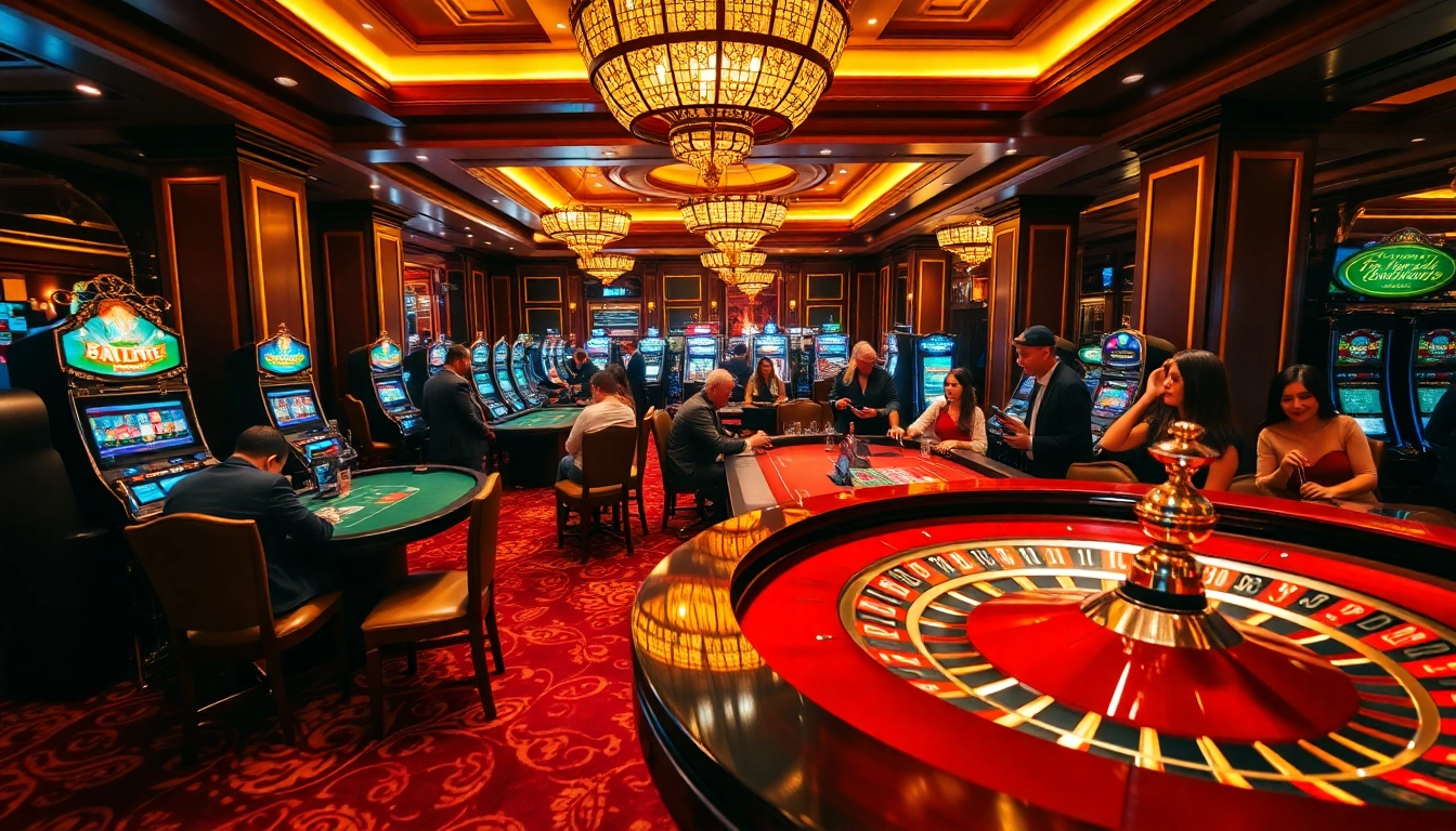 Tải lu88 while enjoying an exciting casino atmosphere with players at tables and slot machines.
