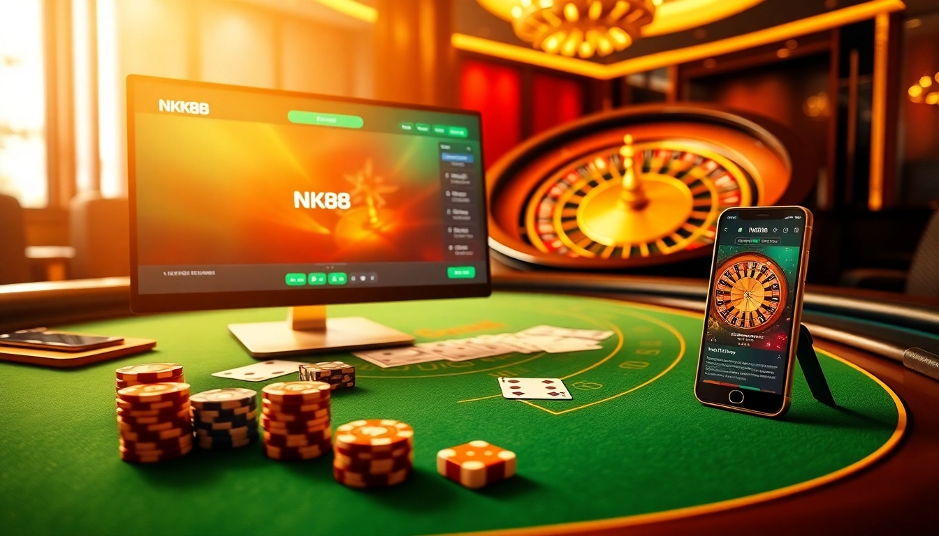 NK88 online gamblers engaging with casino elements on a vibrant digital interface.