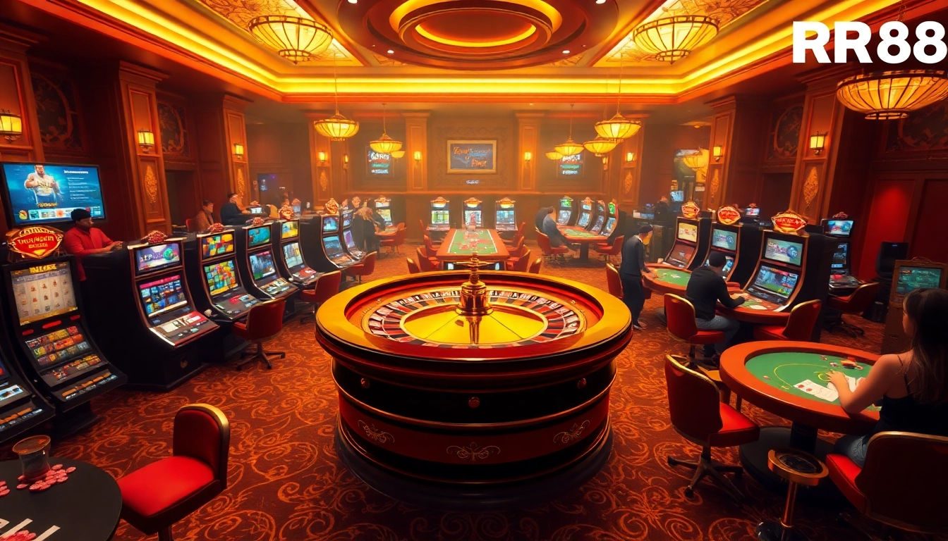 Players enjoying games at RR88, featuring roulette and slots, immersed in an exciting gambling experience.