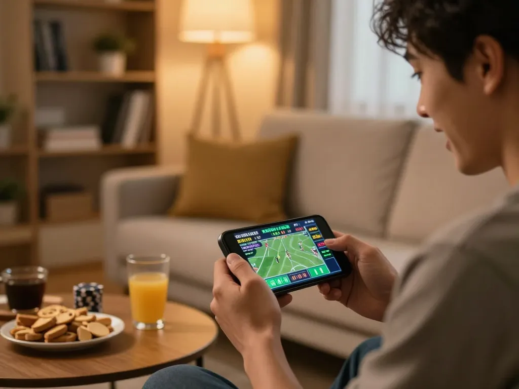 Person placing bets on lode88 via smartphone in a cozy home setting during exciting sports event.