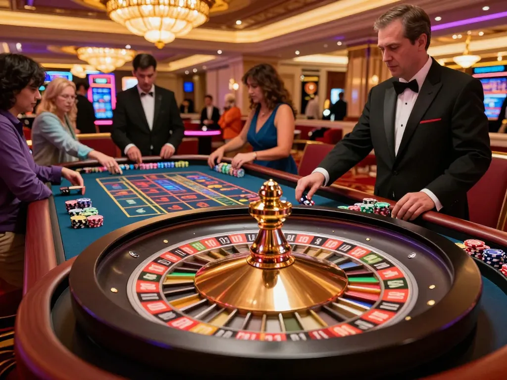 Players at a roulette table in a luxurious casino scene, aa888 excitement and vibrant atmosphere.