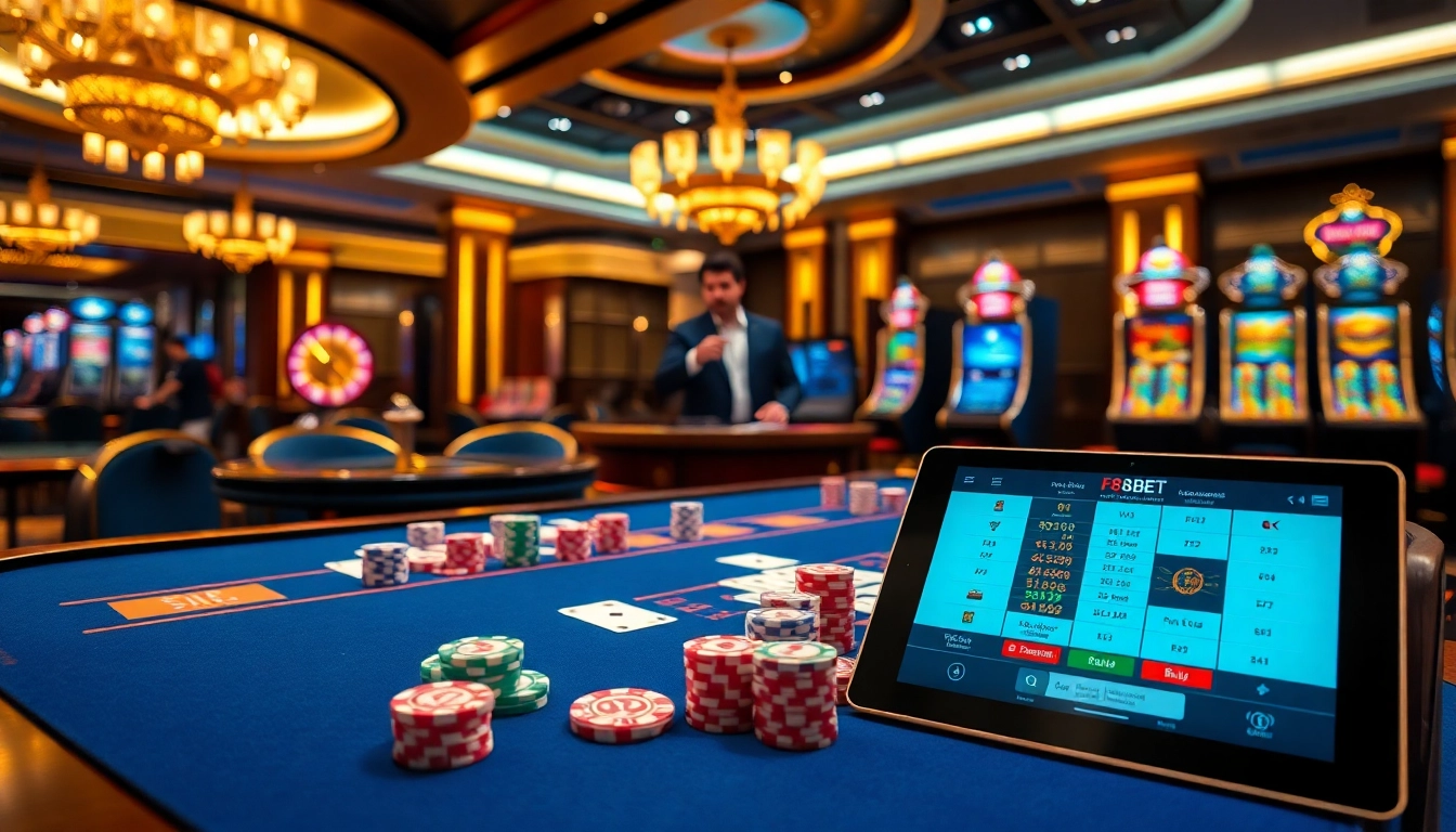 F8BET gaming table full of chips and cards in a luxurious casino atmosphere.