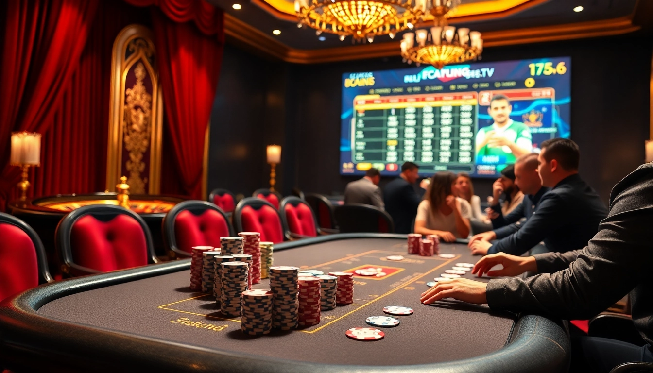 Players enjoying a thrilling high-stakes poker game on ca khia tv platform in a luxurious casino setting.