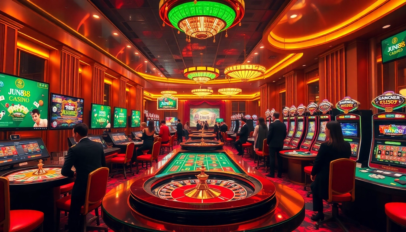 Players engaged in thrilling games at Jun88’s luxurious online casino interface.