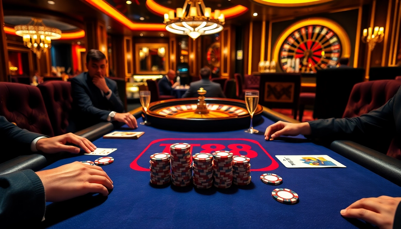 Action-packed poker game at TT88 casino showcasing vibrant chips and cards.