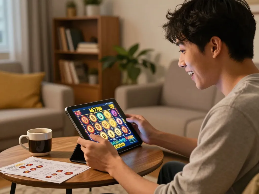 Playing nổ hũ 6789 online, showcasing excitement on a tablet while enjoying home gaming.