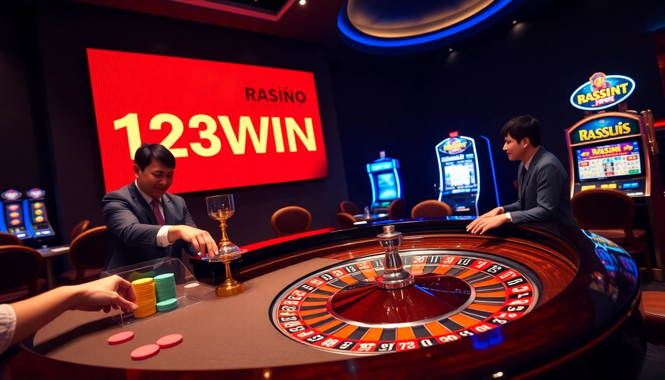 Experience the thrill of winning at 123WIN in a luxurious casino setting.