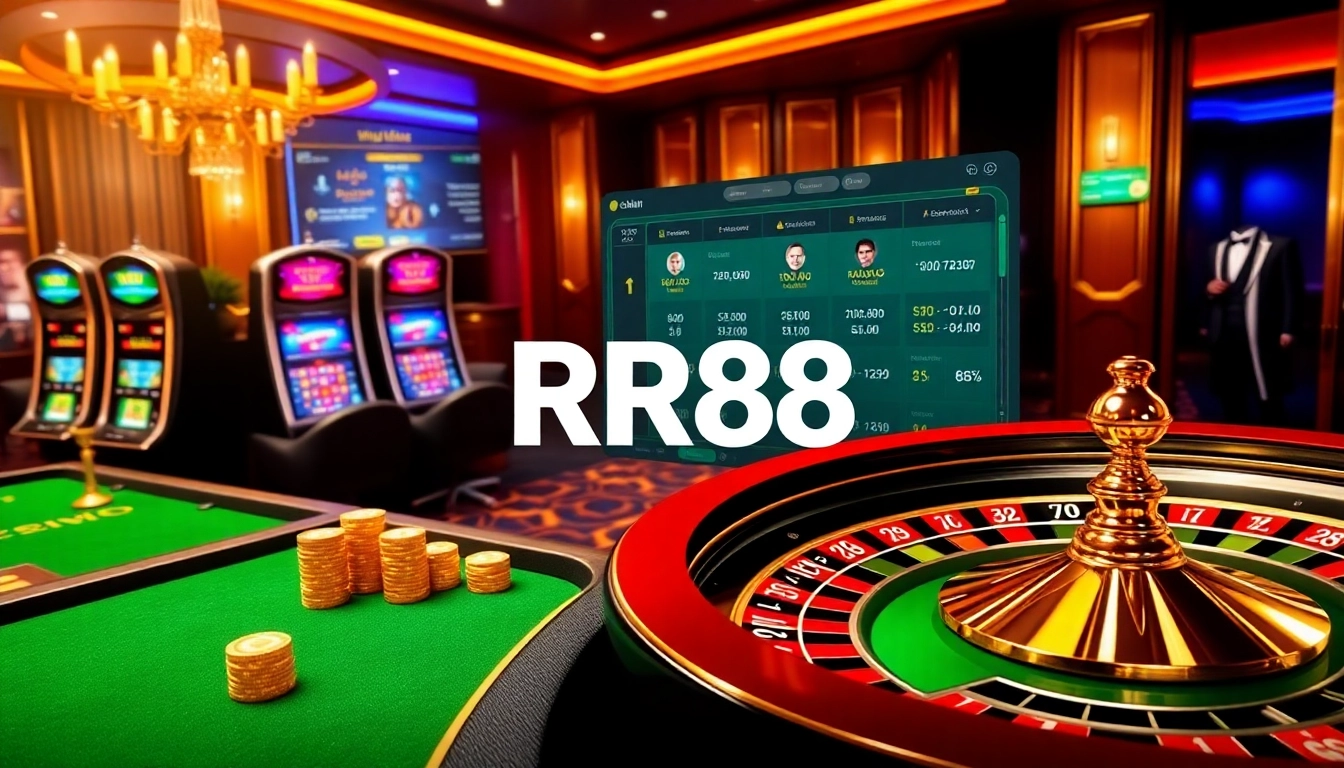 RR88 casino gaming interface showcasing luxurious tables and engaging slot machines.