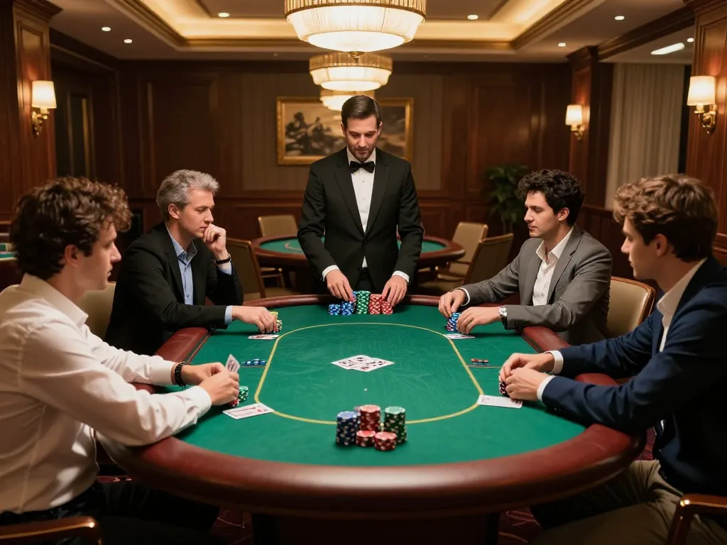 JJun88 players engaging in strategic high-stakes poker gameplay at an upscale casino.
