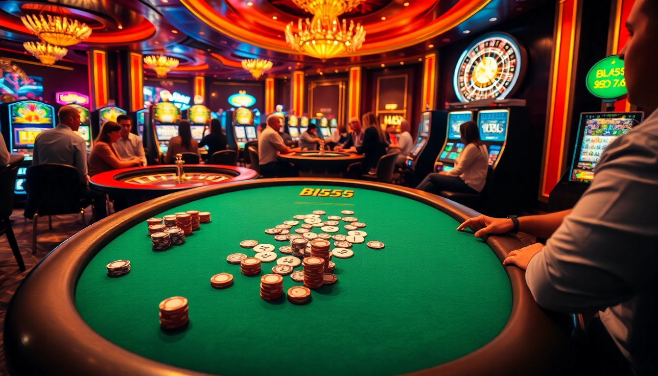 Experience thrilling gameplay at Bl555 casino with a vibrant poker table full of action.