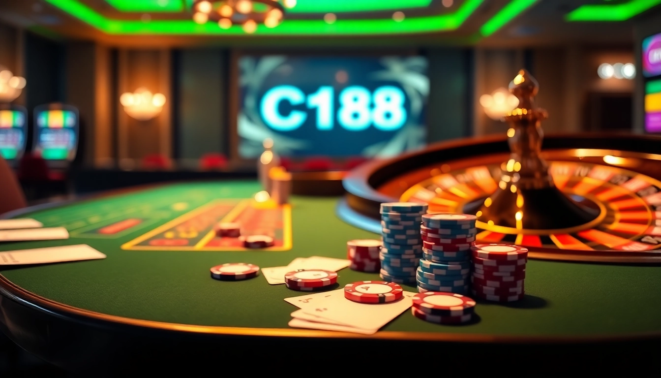 C168 logo displayed in a luxurious online casino scene featuring poker chips, cards, and roulette.