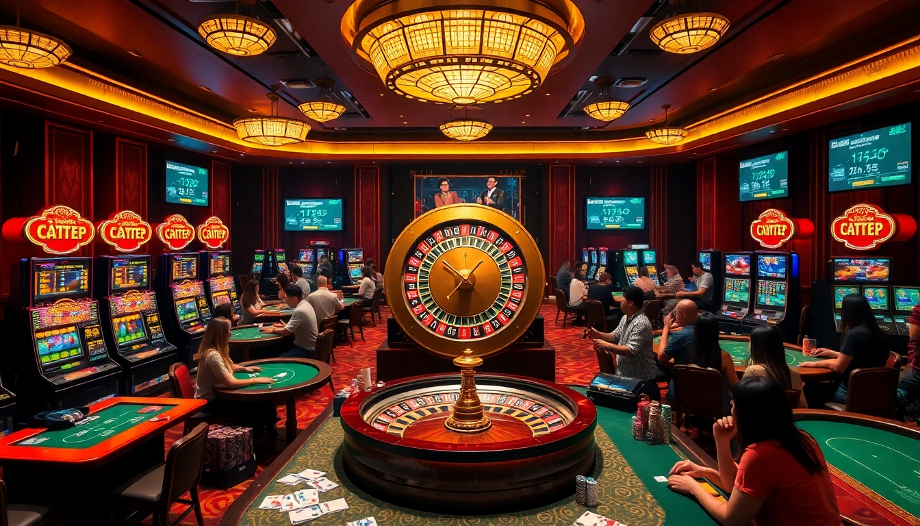 Exciting casino scene with a roulette wheel and vibrant slot machines at nhà cái okfun.