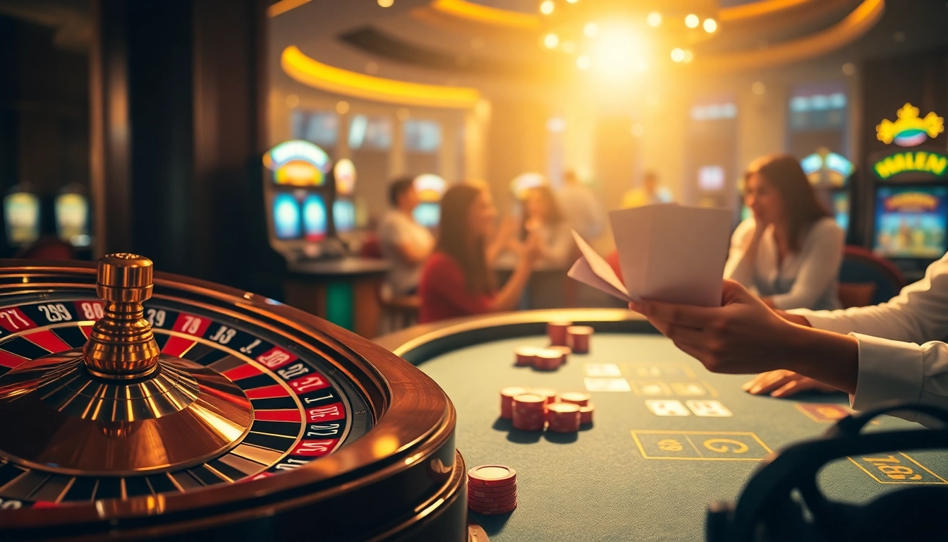 Engage in thrilling games at F8BET, showcasing a vibrant casino experience with roulette and poker.