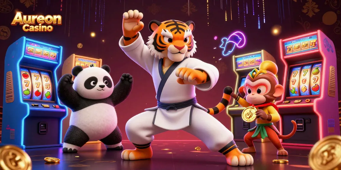 Aureon Casino's vibrant scene showcasing a tiger master, panda disciple, and monkey student in a lively gaming environment.